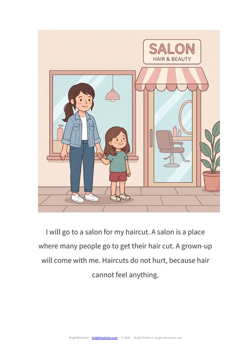 A page from My Haircut Story: an illustration of an adult and child outside a salon, with a short line of first-person text below it.