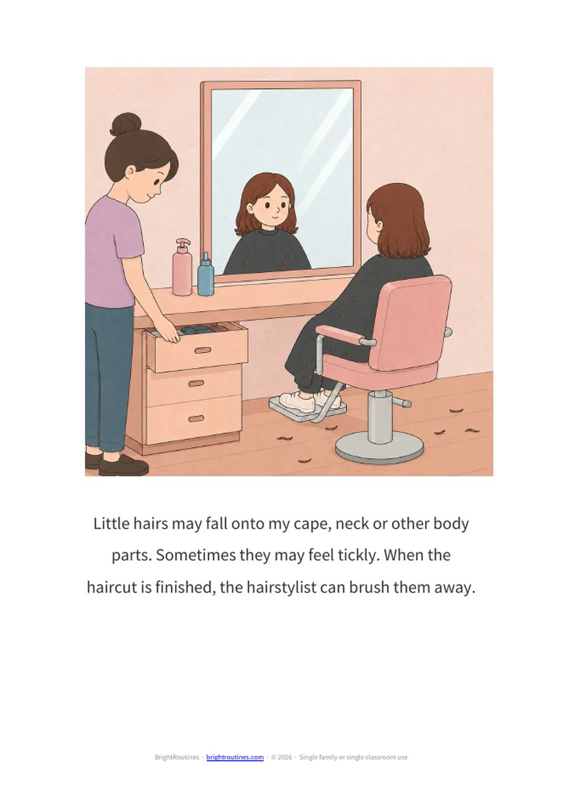 A story page about small hairs falling on the cape and neck.