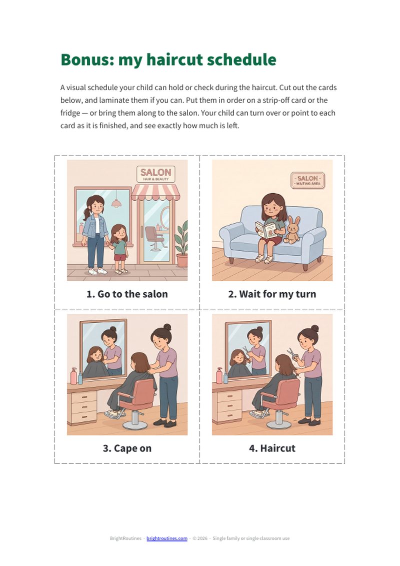 A page of four cut-out visual schedule cards showing the steps of a haircut: go to the salon, wait for my turn, cape on, haircut.
