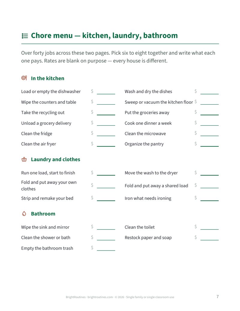 The chore menu page, listing kitchen, laundry and bathroom jobs with blank rate columns.