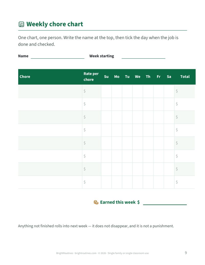 A weekly chore chart with a name field at the top and a tick box for each day.