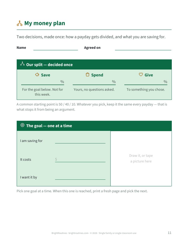 A money plan page showing the save, spend and give split and a savings goal.