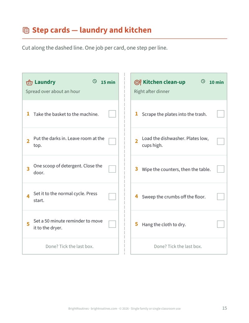 A page of step cards for laundry and kitchen clean-up, each breaking the job into five numbered single actions with a tick box beside each one.